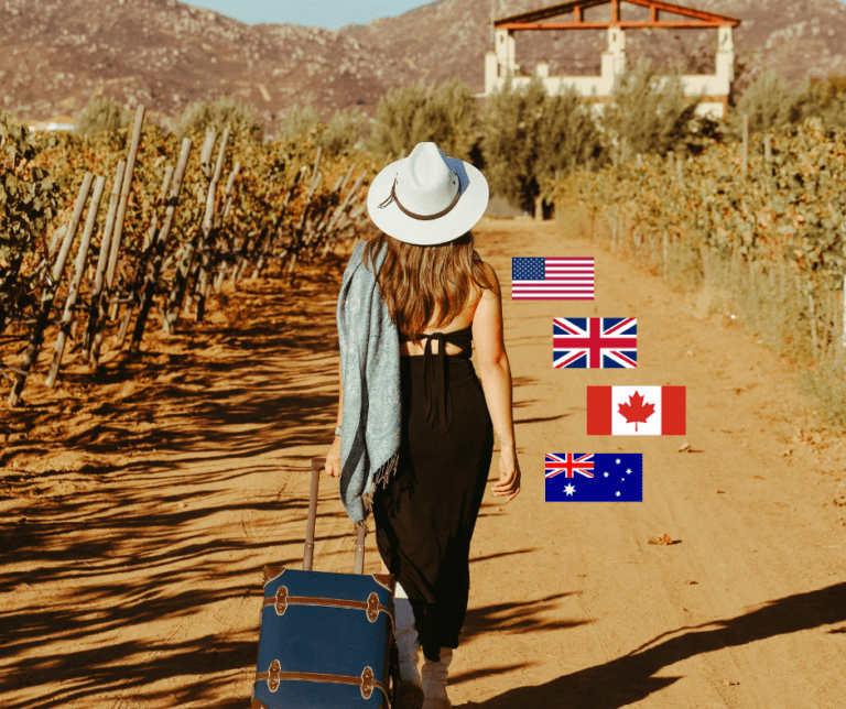 Illustration du stage English for travellers des Rencontres Voix & Musiques 2026. Une femme tirant une valise marche en direction d'un chemin sur lequel se trouvent les drapeaux de pays anglophones.