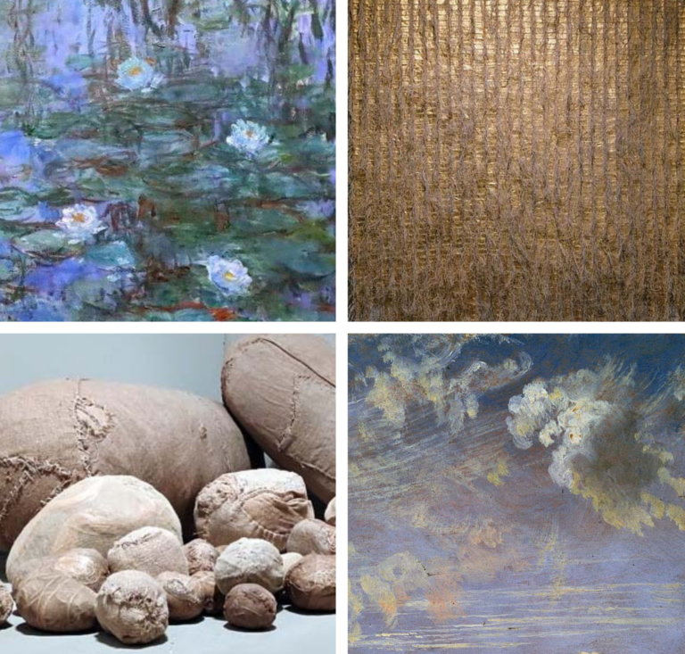 Représentations artistiques des 4 éléments illustrant le stage Teinture, mixture, peinture des Rencontres Voix & Musiques 2026